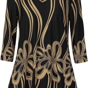 Womens 3/4 Sleeve Floral Printed Notch V Neck Blouses Tunics Tops